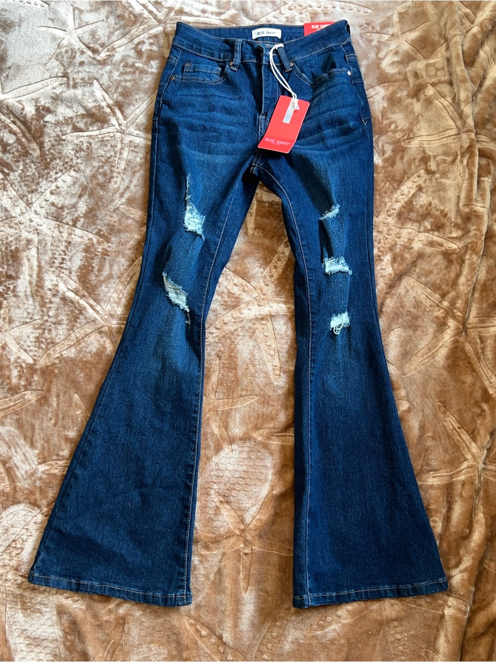 Dark Blue Distressed High-Rise Flare Jeans - Unbranded